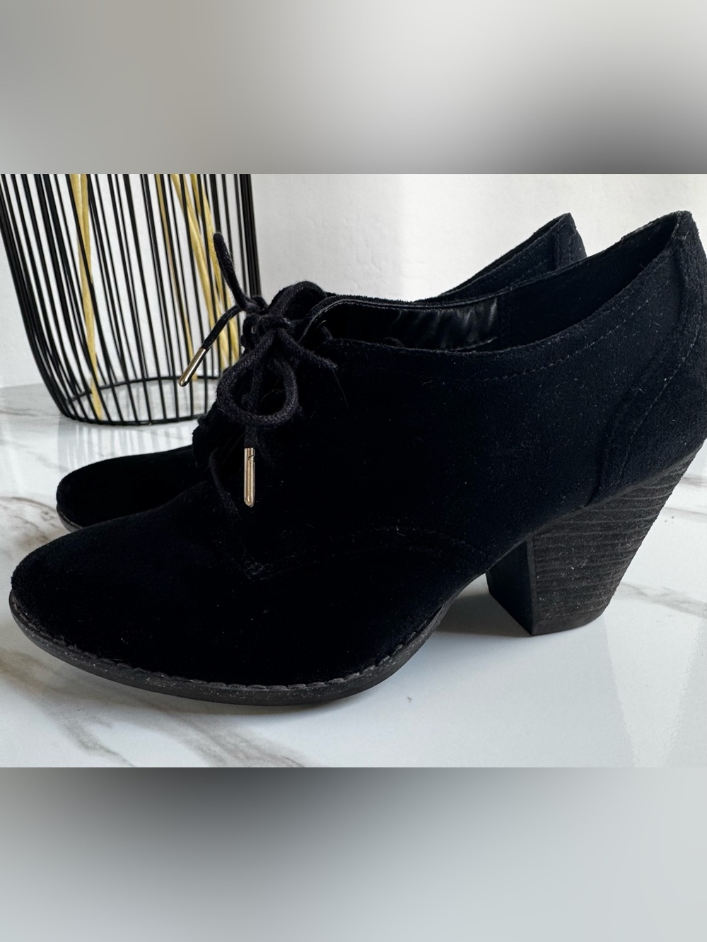 Dr. Scholl's Black Suede Lace-Up Block Heel Booties